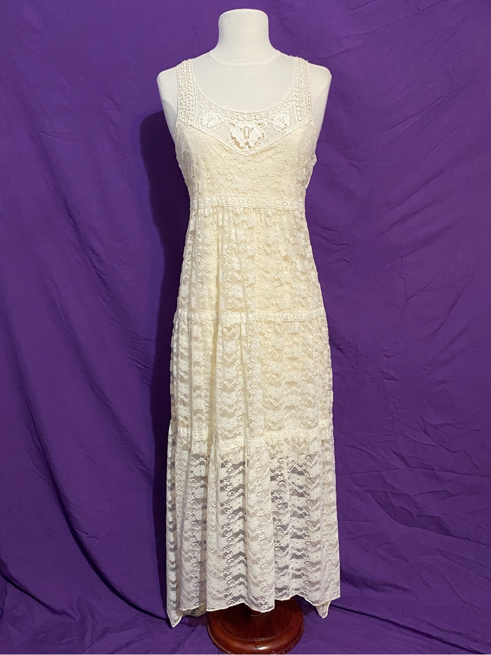 NWT Wallflower Cream Lace Maxi Dress with Butterfly Embroidery. Size M.